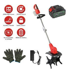 Portable Cordless Electric Tiller - 550W 300RPM Power, 16 Steel Tines, 4000mAh Battery , Safety Protection + Auxiliary Handle
